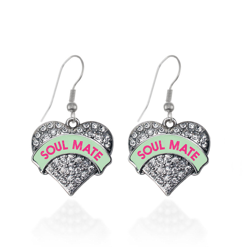 Silver Soul Mate Green Candy Pave Heart Charm Dangle Earrings