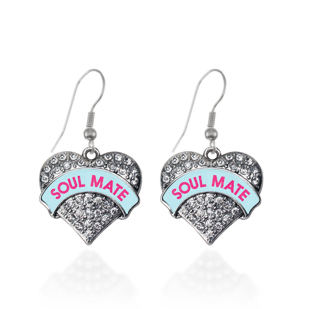 Silver Soul Mate Teal Candy Pave Heart Charm Dangle Earrings