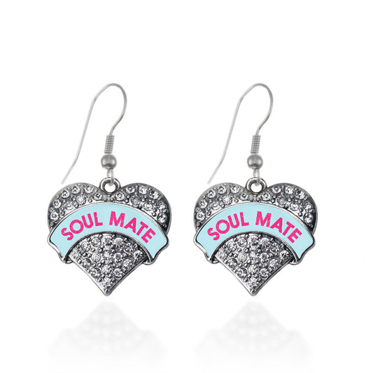 Silver Soul Mate Teal Candy Pave Heart Charm Dangle Earrings