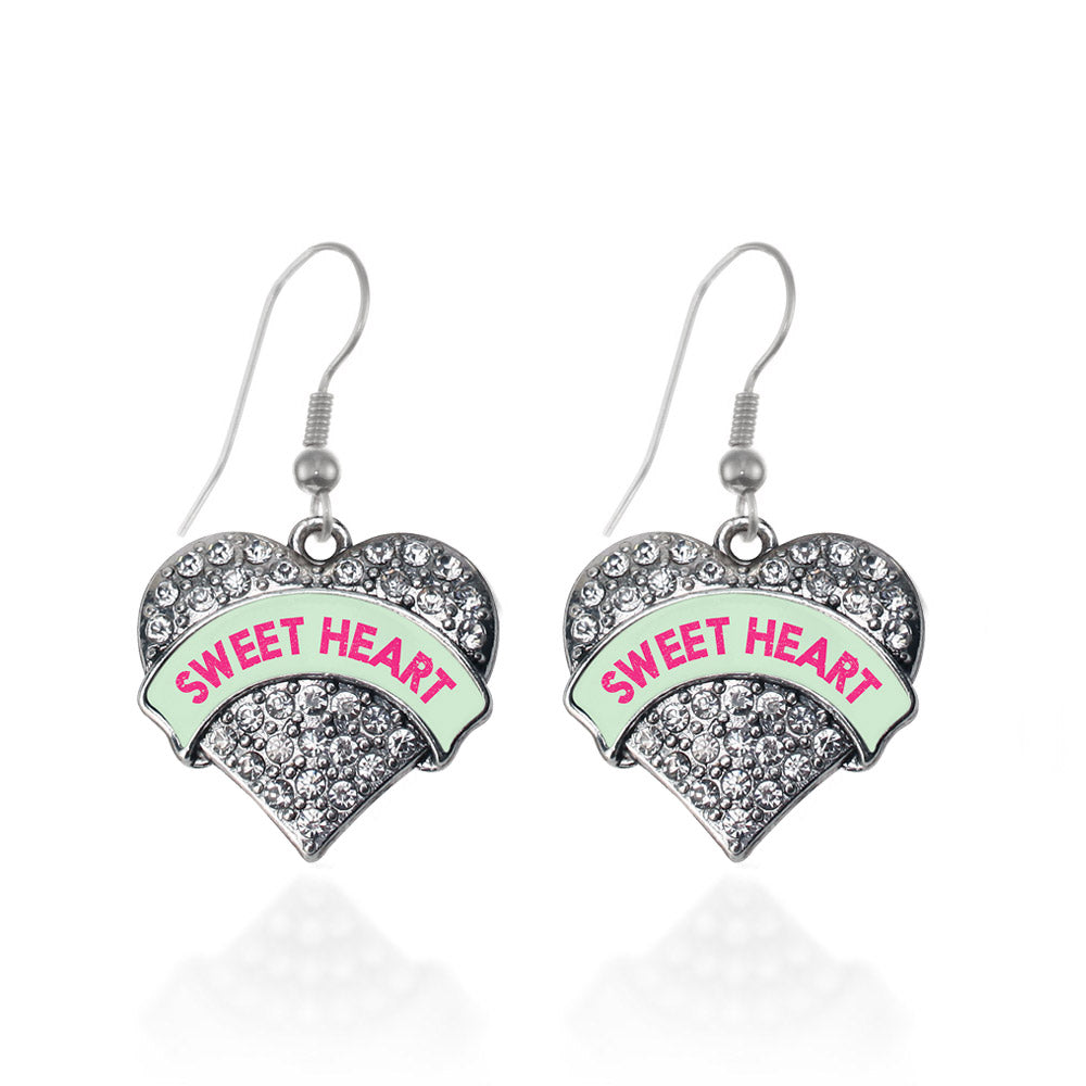 Silver Sweet Heart Green Candy Pave Heart Charm Dangle Earrings