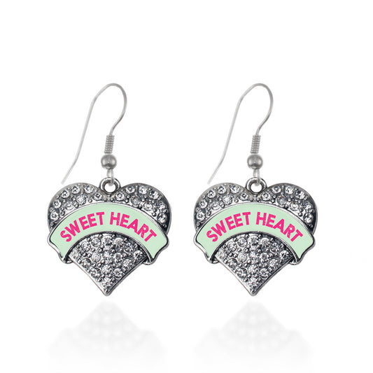 Silver Sweet Heart Green Candy Pave Heart Charm Dangle Earrings