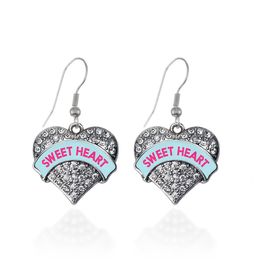 Silver Sweet Heart Teal Candy Pave Heart Charm Dangle Earrings