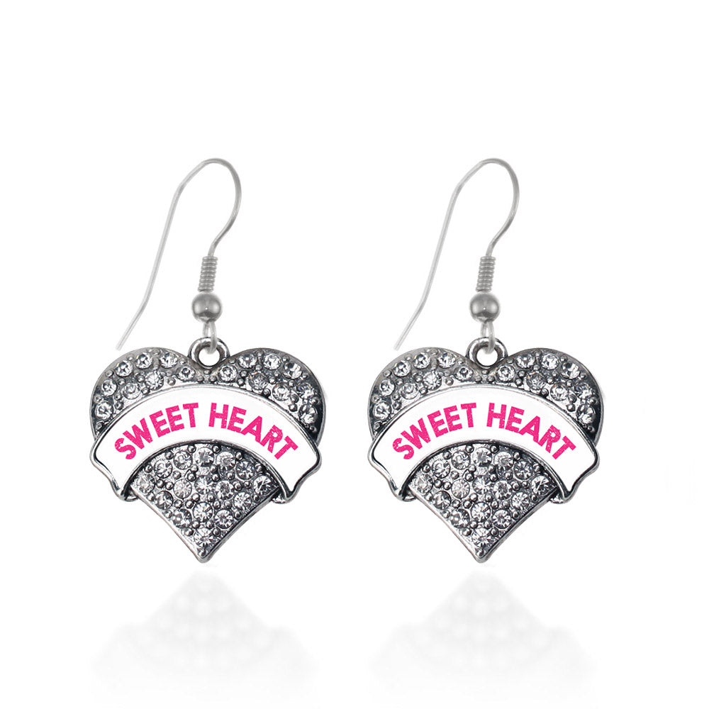 Silver Sweet Heart White Candy Pave Heart Charm Dangle Earrings
