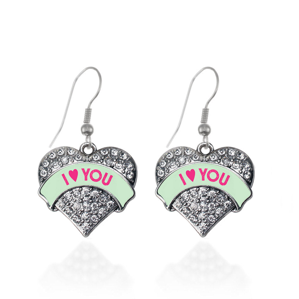 Silver I Love You Green Candy Pave Heart Charm Dangle Earrings