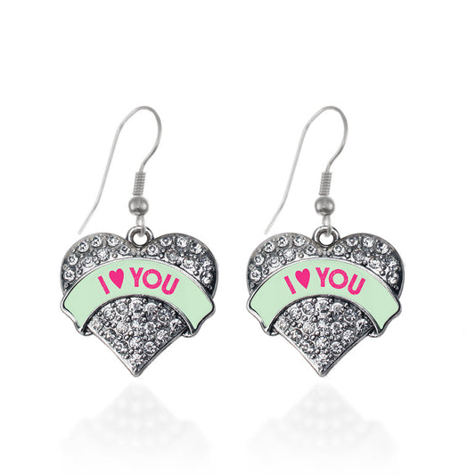 Silver I Love You Green Candy Pave Heart Charm Dangle Earrings