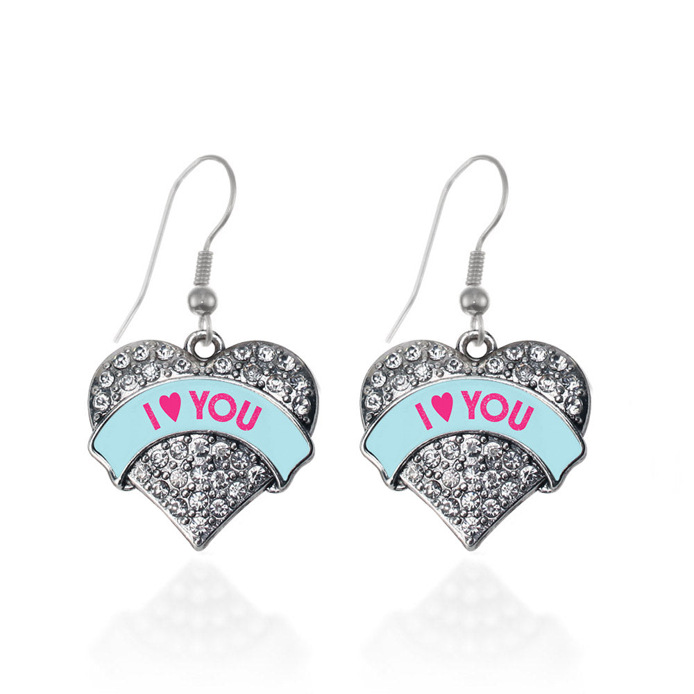 Silver I Love You Teal Candy Pave Heart Charm Dangle Earrings