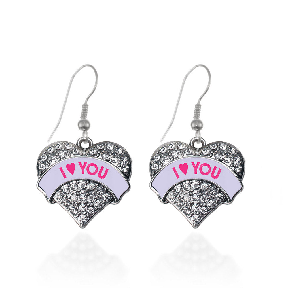 Silver I Love You Purple Candy Pave Heart Charm Dangle Earrings