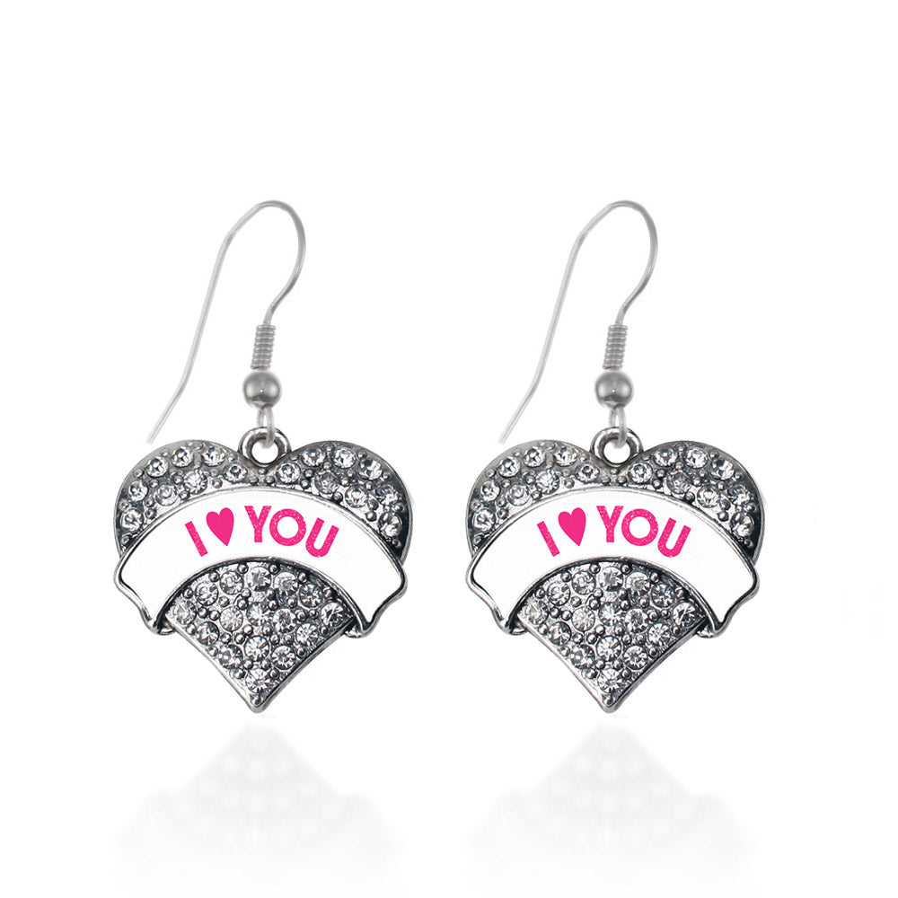Silver I Love You White Candy Pave Heart Charm Dangle Earrings