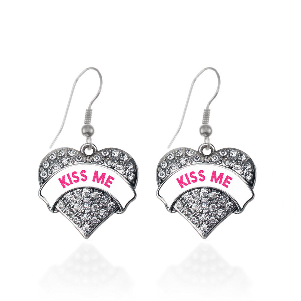 Silver Kiss Me White Candy Pave Heart Charm Dangle Earrings