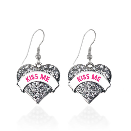 Silver Kiss Me White Candy Pave Heart Charm Dangle Earrings