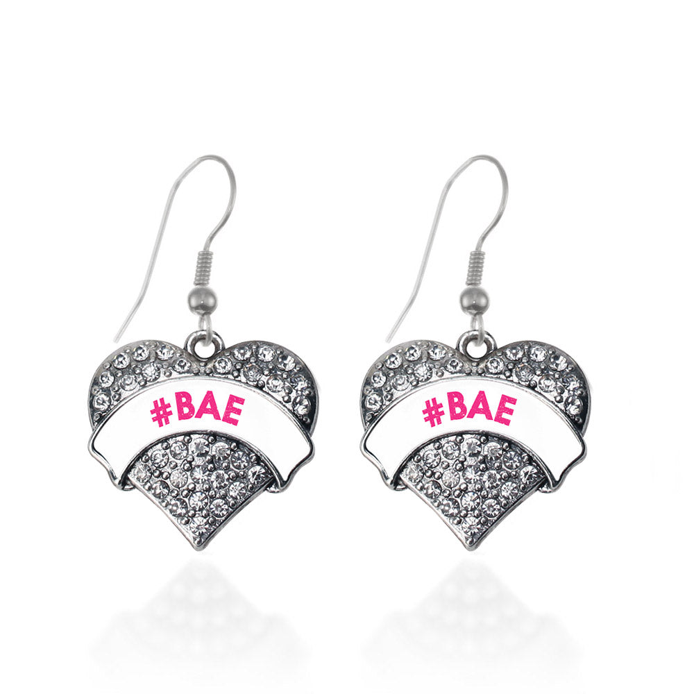 Silver #BAE White Candy Pave Heart Charm Dangle Earrings