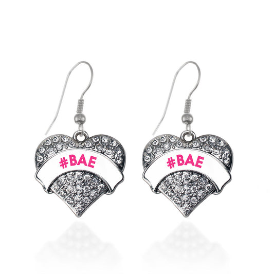 Silver #BAE White Candy Pave Heart Charm Dangle Earrings