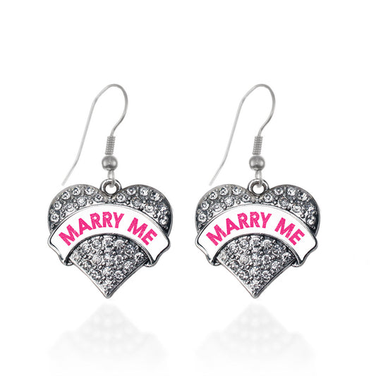 Silver Marry Me White Candy Pave Heart Charm Dangle Earrings