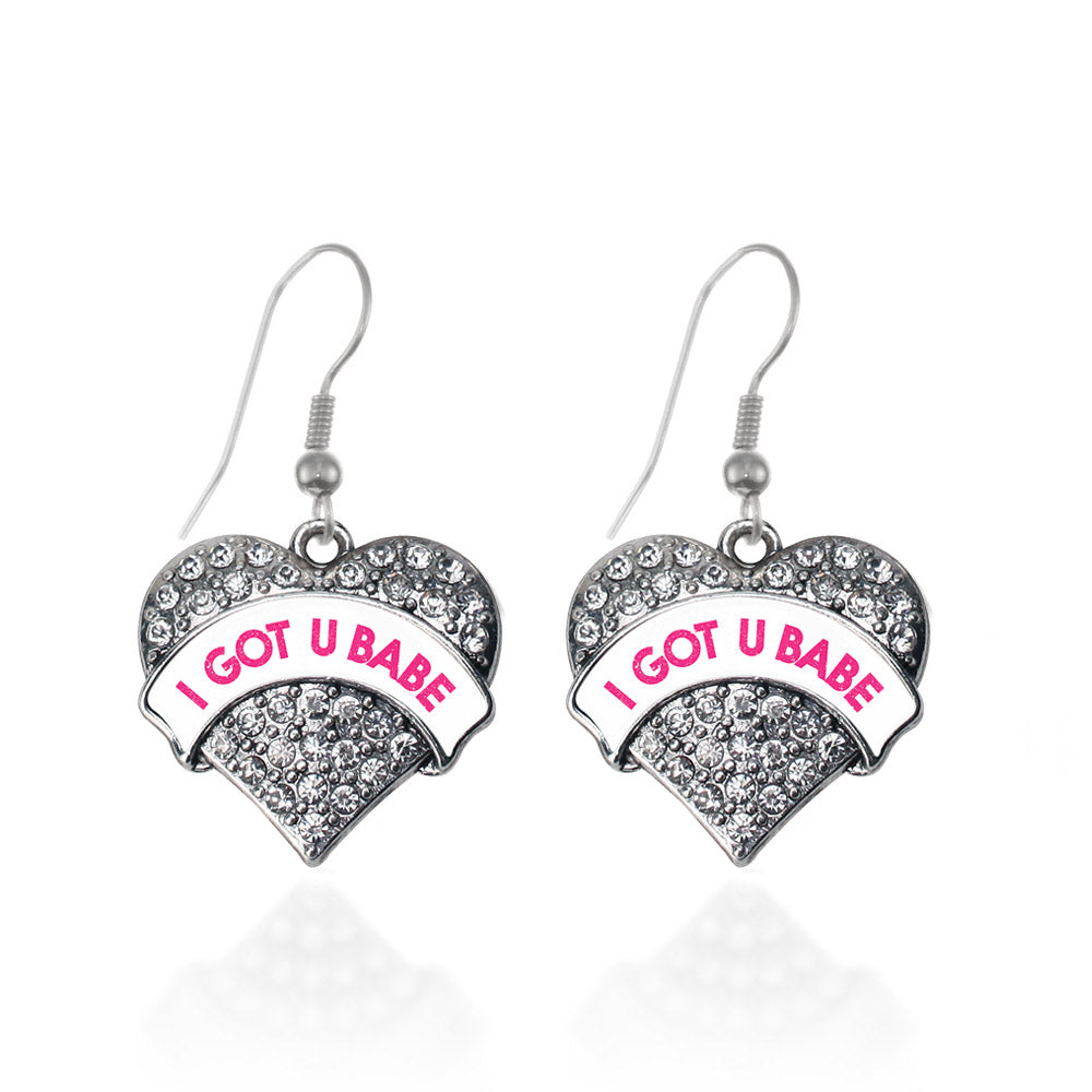 Silver I GOT U BABE White Candy Pave Heart Charm Dangle Earrings