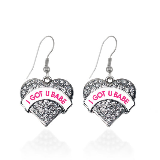 Silver I GOT U BABE White Candy Pave Heart Charm Dangle Earrings