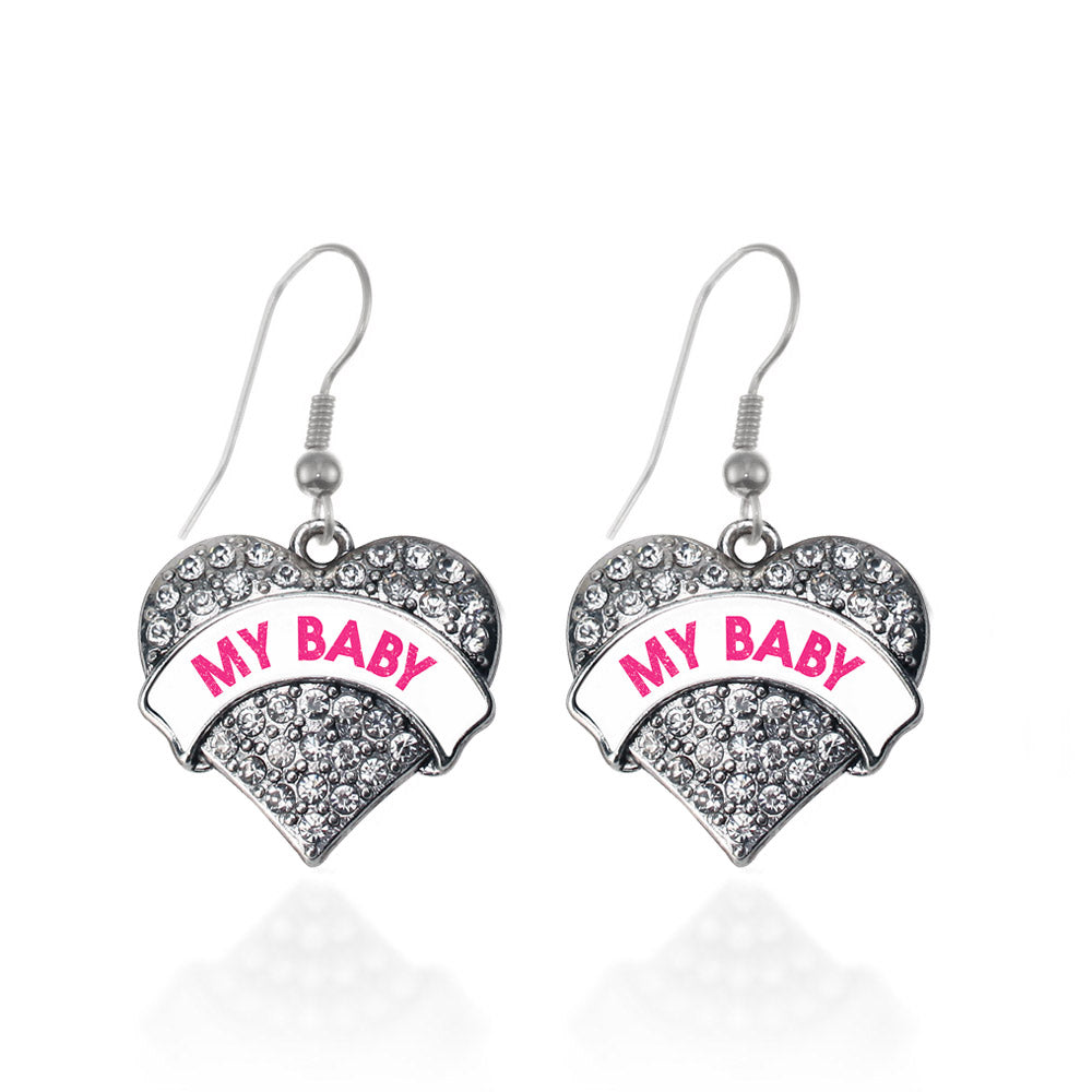 Silver My Baby White Candy Pave Heart Charm Dangle Earrings