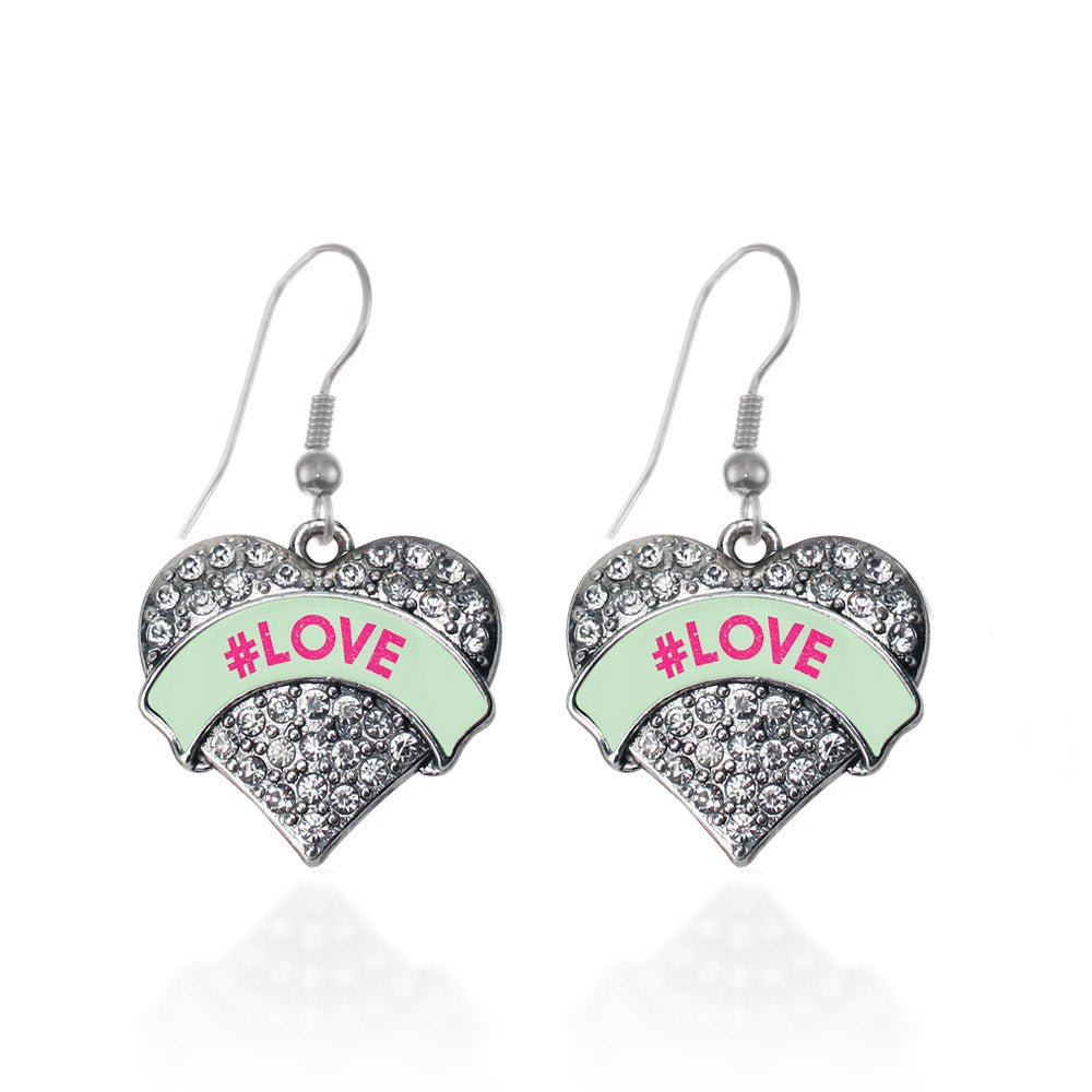 Silver #LOVE Green Candy Pave Heart Charm Dangle Earrings