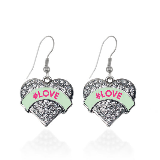 Silver #LOVE Green Candy Pave Heart Charm Dangle Earrings