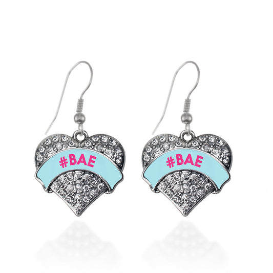 Silver #BAE Teal Candy Pave Heart Charm Dangle Earrings