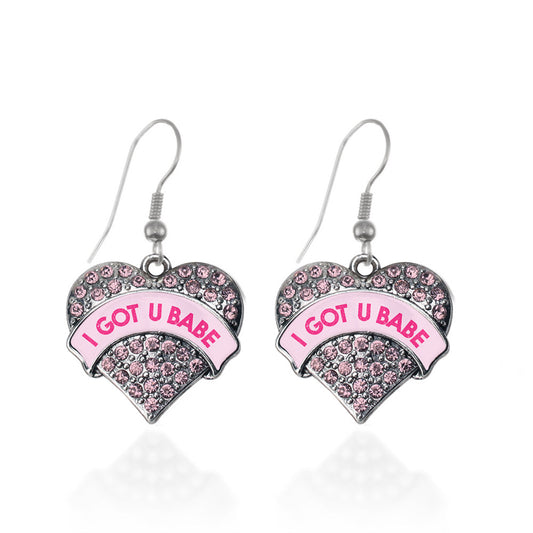 Silver I GOT U BABE Candy Pink Pink Pave Heart Charm Dangle Earrings