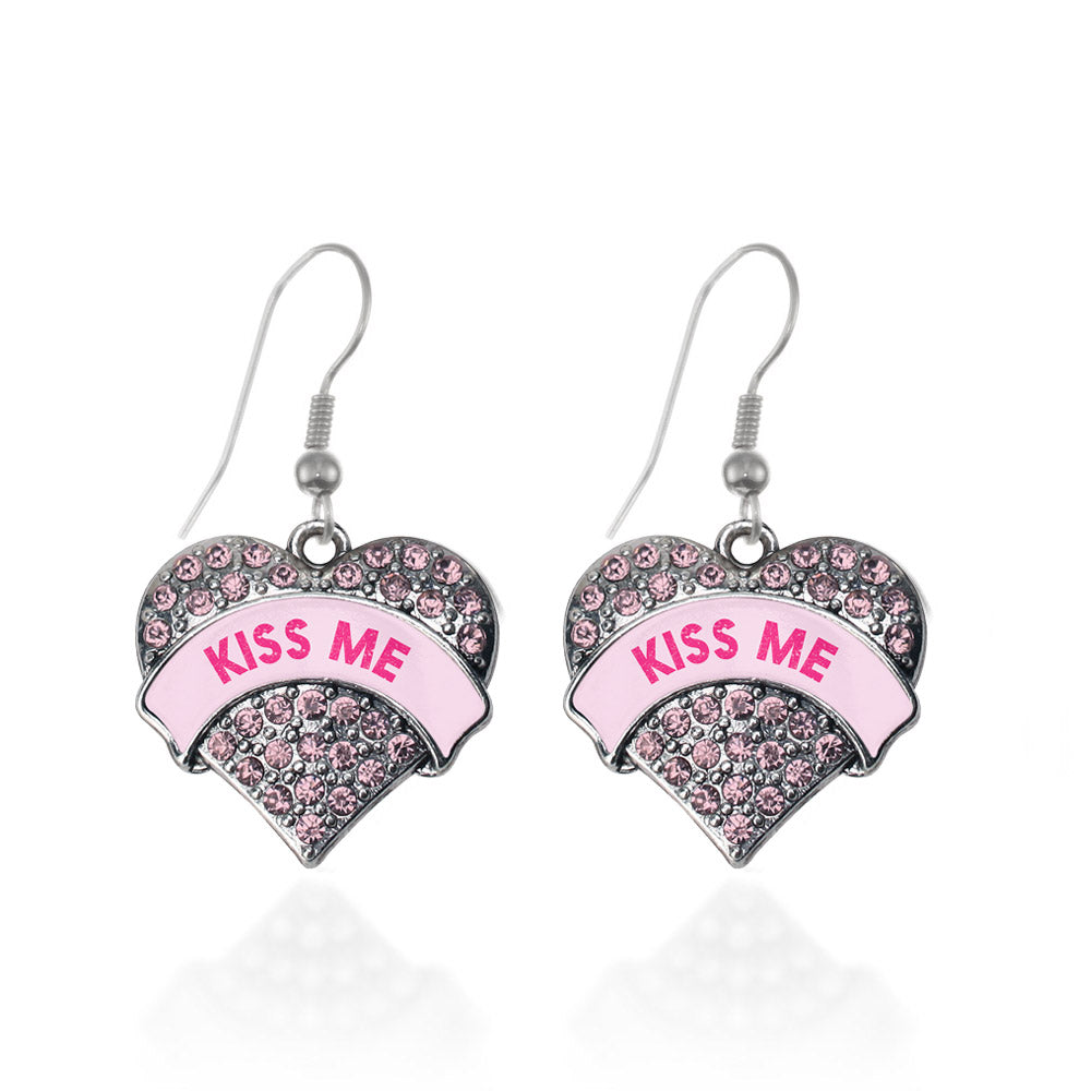 Silver Kiss Me Candy Pink Pink Pave Heart Charm Dangle Earrings