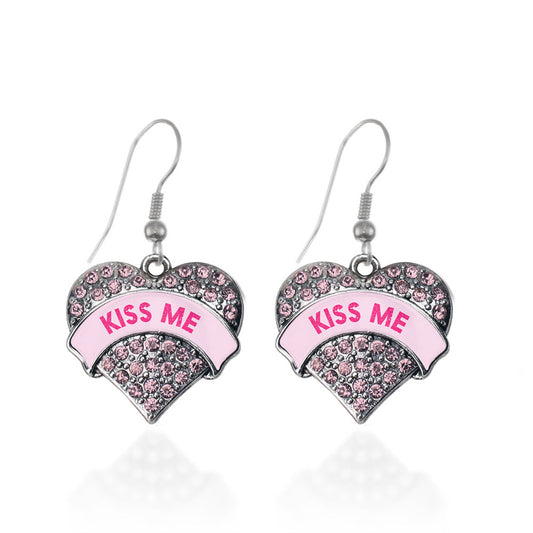 Silver Kiss Me Candy Pink Pink Pave Heart Charm Dangle Earrings