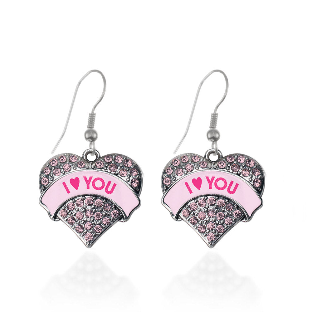 Silver I Love You Candy Pink Pink Pave Heart Charm Dangle Earrings