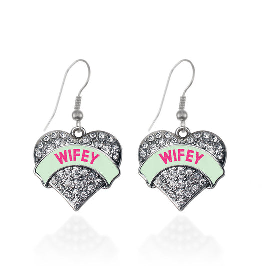 Silver Wifey Green Candy Pave Heart Charm Dangle Earrings