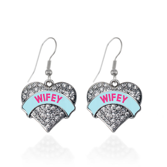 Silver Wifey Teal Candy Pave Heart Charm Dangle Earrings