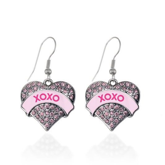 Silver XOXO Candy Heart Pink Pink Pave Heart Charm Dangle Earrings