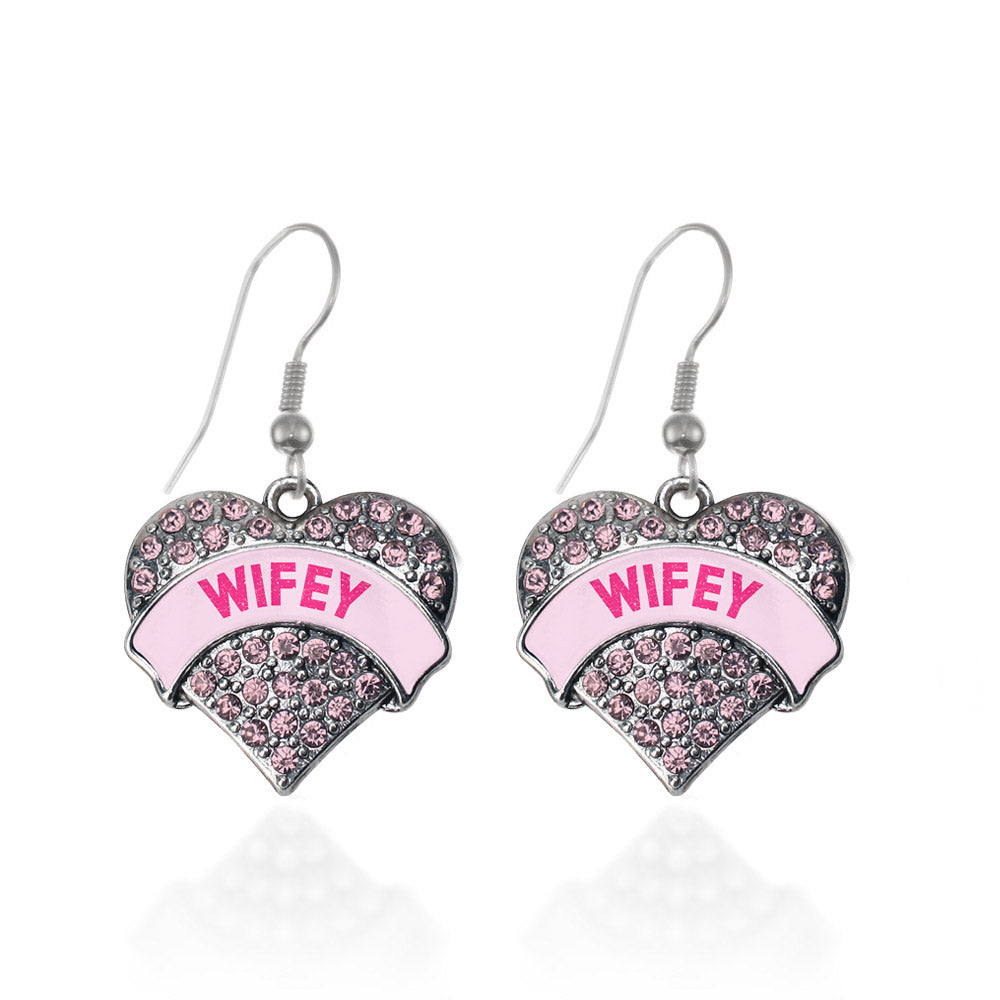 Silver Wifey Candy Pink Pink Pave Heart Charm Dangle Earrings