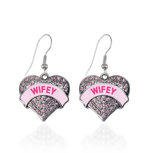 Silver Wifey Candy Pink Pink Pave Heart Charm Dangle Earrings