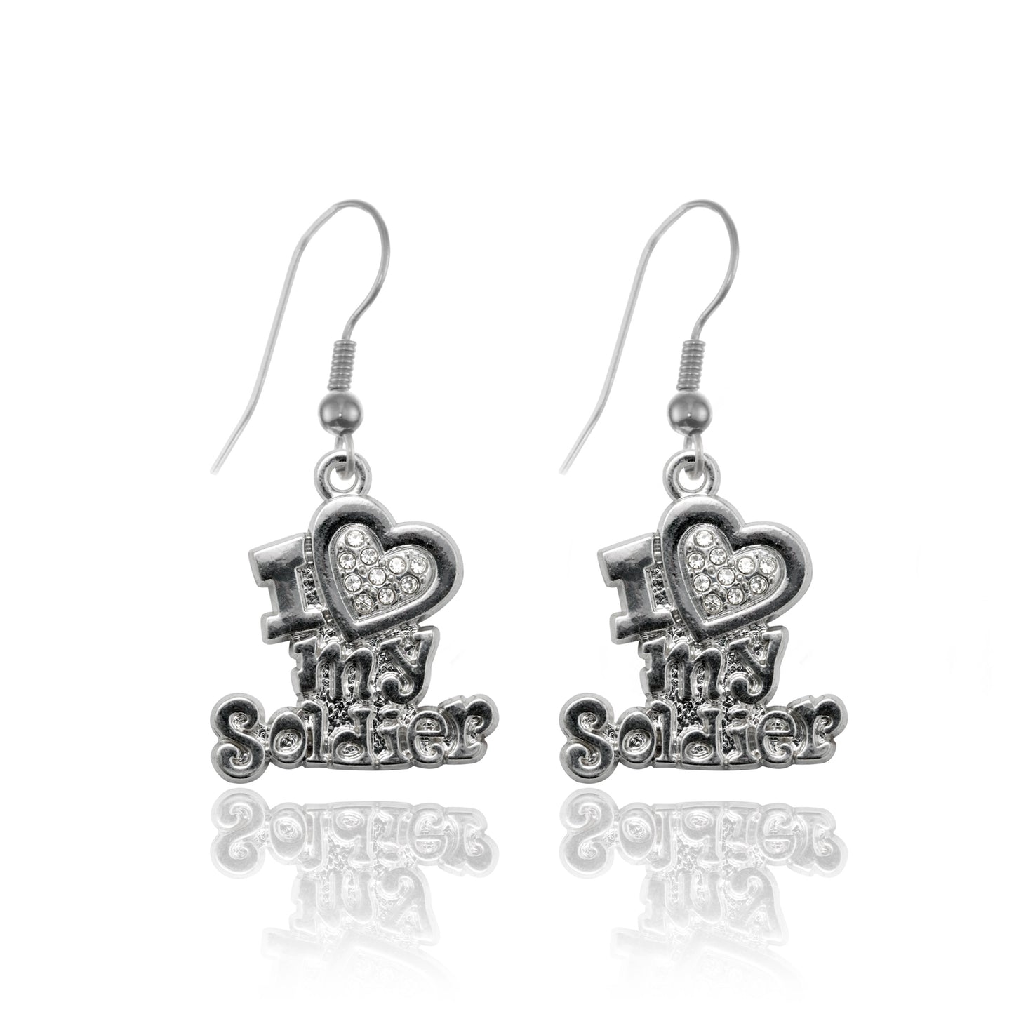 Silver I Love My Soldier Charm Dangle Earrings