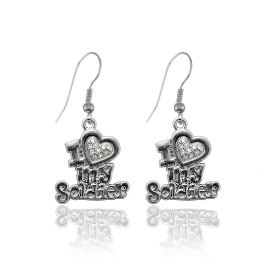 Silver I Love My Soldier Charm Dangle Earrings