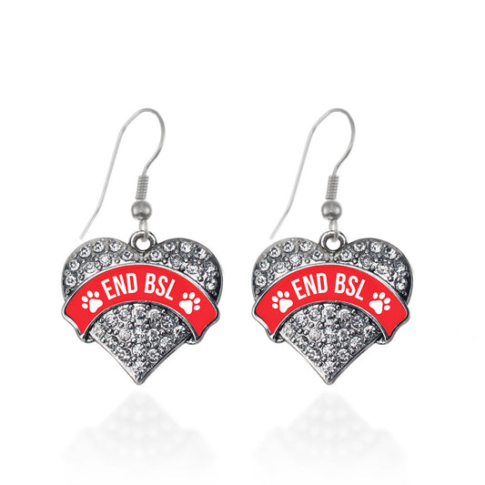 Silver END BSL - Red Pave Heart Charm Dangle Earrings