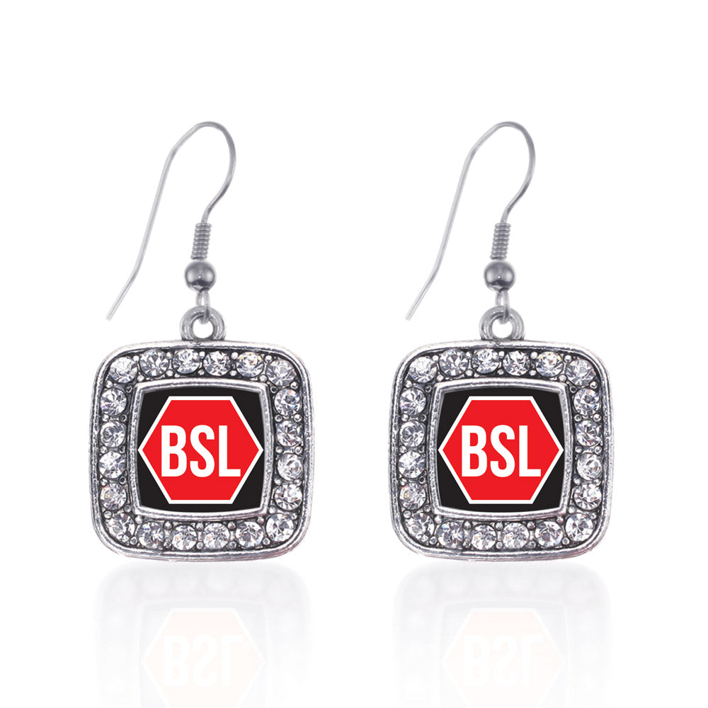 Silver STOP BSL Square Charm Dangle Earrings