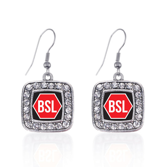 Silver STOP BSL Square Charm Dangle Earrings