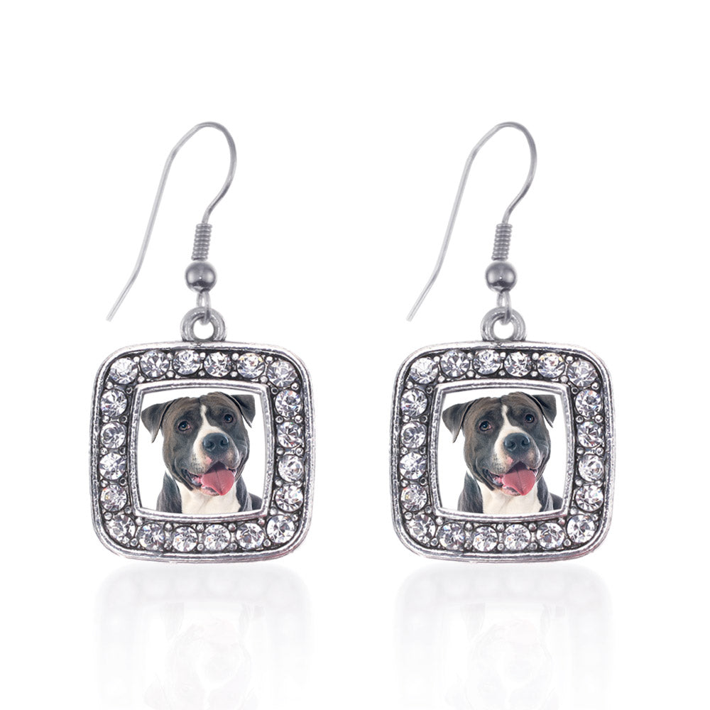 Silver Blue Pit Bull Square Charm Dangle Earrings