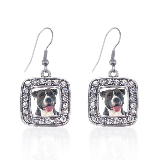 Silver Blue Pit Bull Square Charm Dangle Earrings