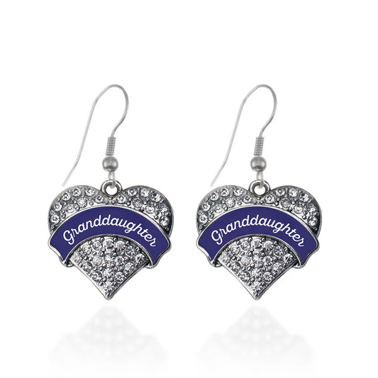 Silver Navy Blue Granddaughter Pave Heart Charm Dangle Earrings