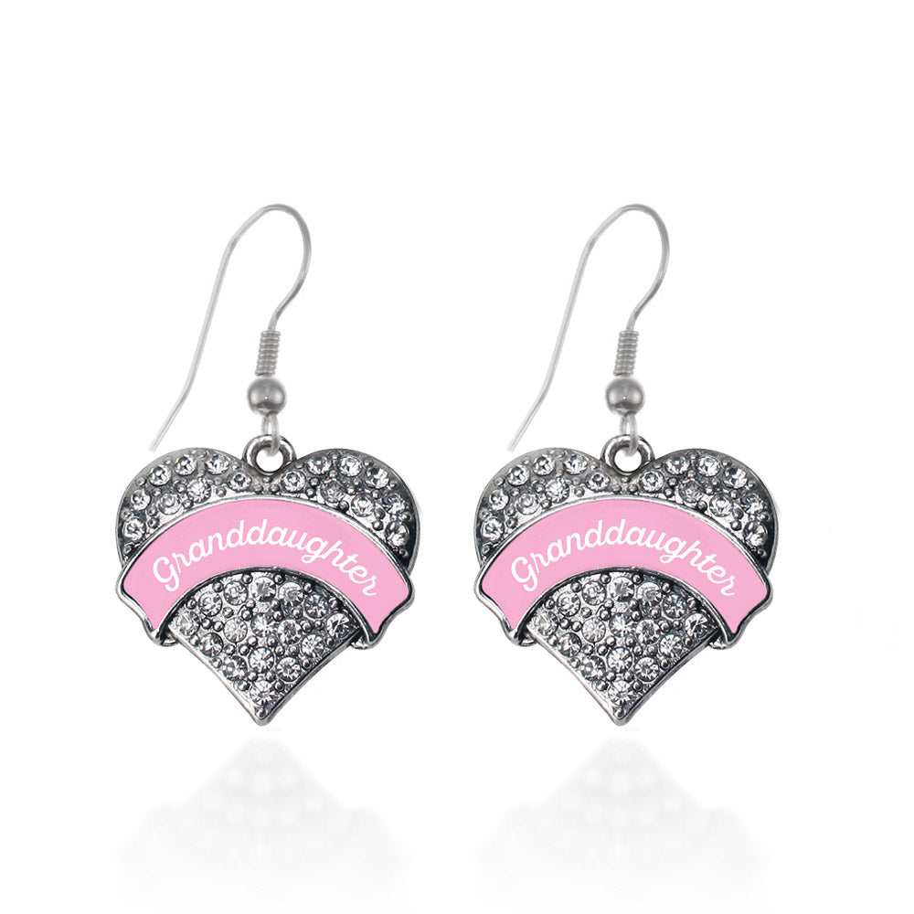 Silver Pink Granddaughter Pave Heart Charm Dangle Earrings