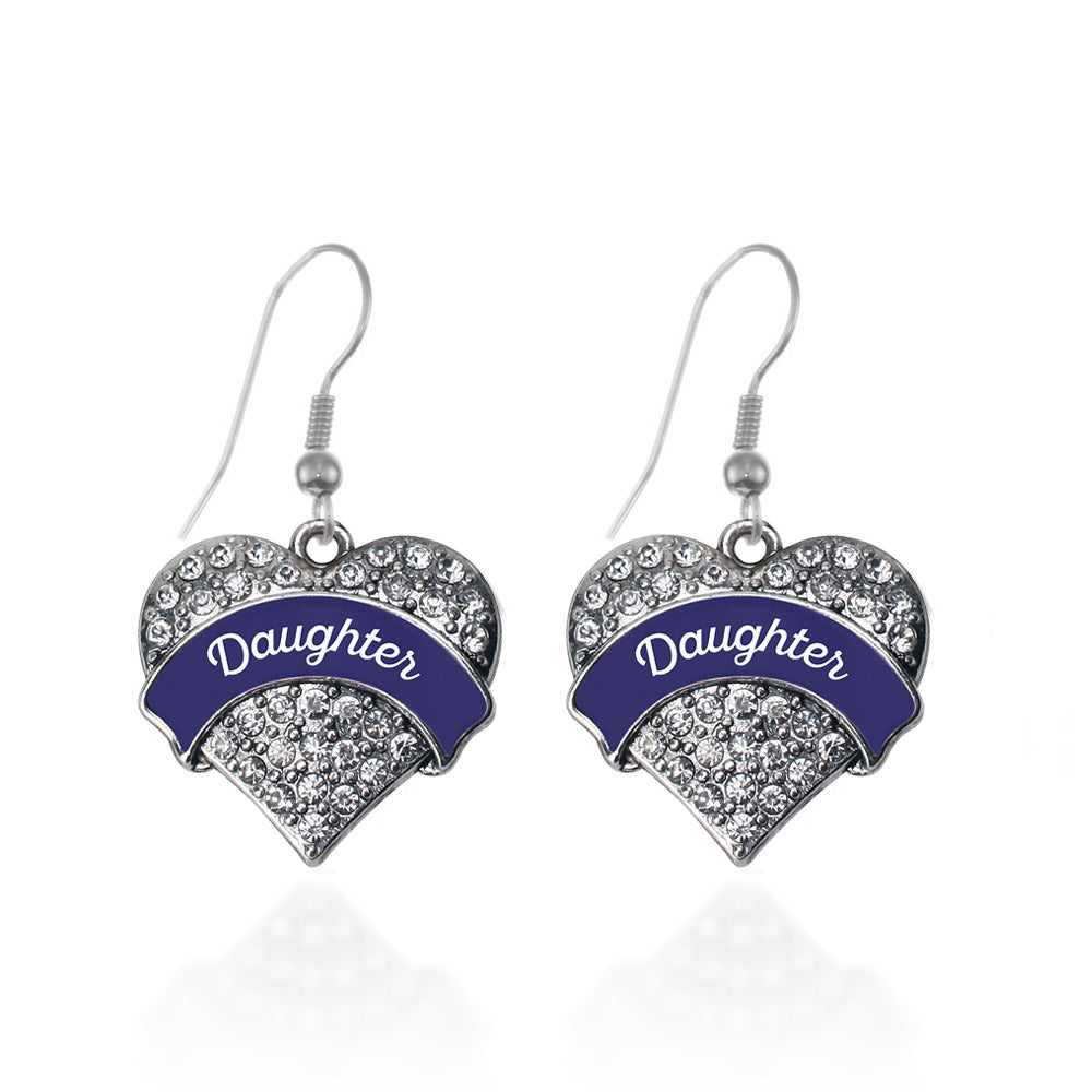 Silver Navy Blue Daughter Pave Heart Charm Dangle Earrings