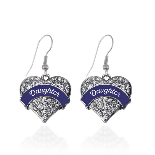 Silver Navy Blue Daughter Pave Heart Charm Dangle Earrings