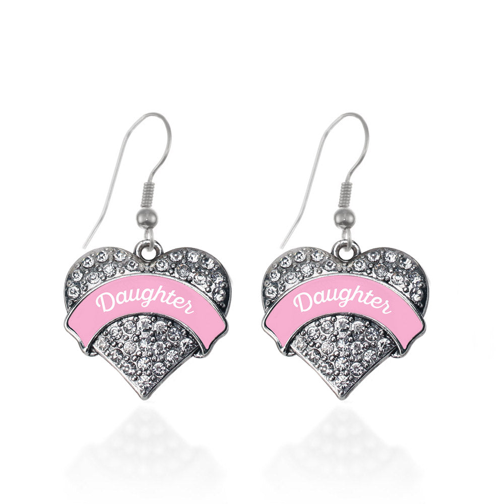 Silver Pink Daughter Pave Heart Charm Dangle Earrings