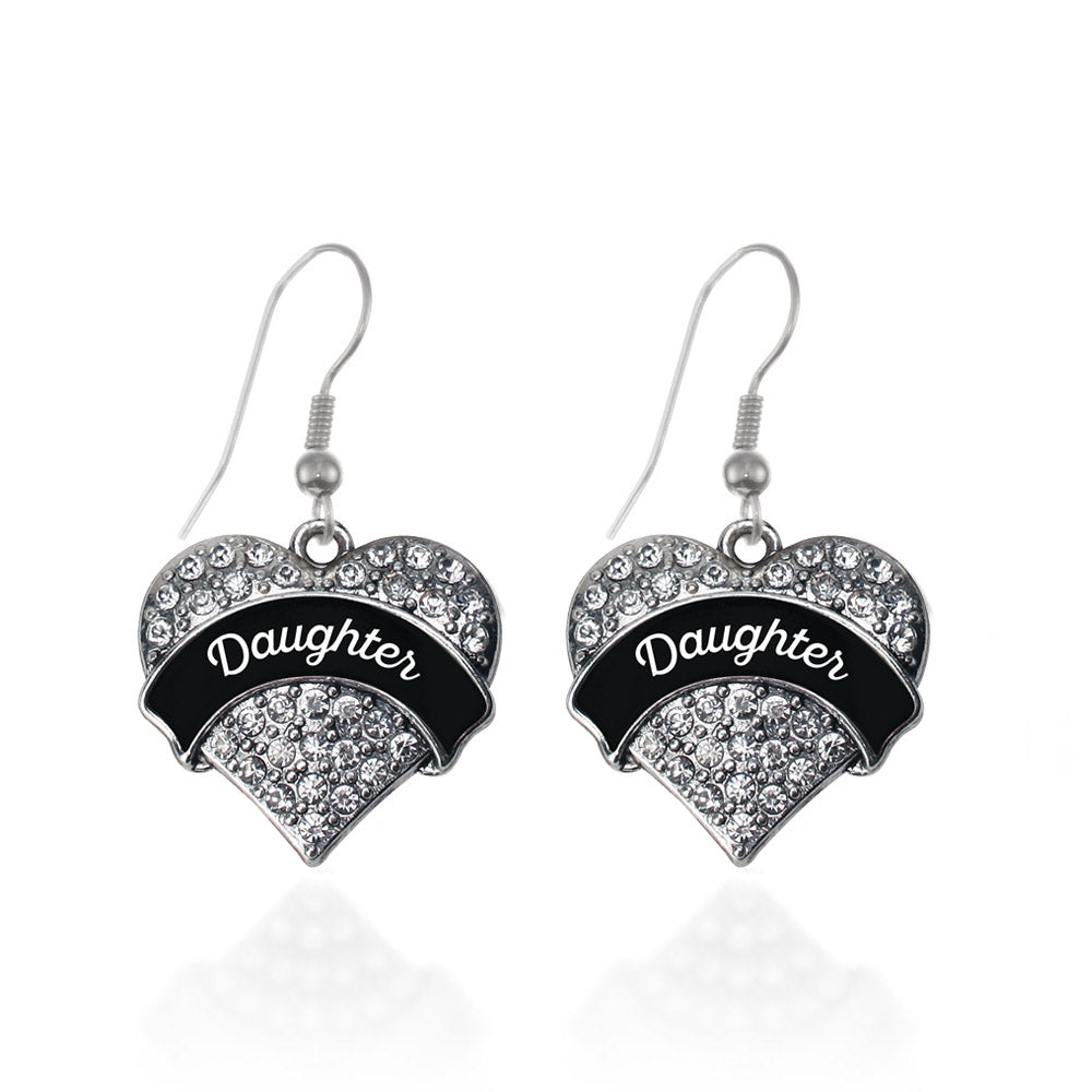 Silver Black and White Daughter Pave Heart Charm Dangle Earrings