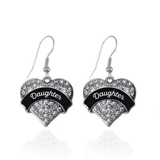 Silver Black and White Daughter Pave Heart Charm Dangle Earrings