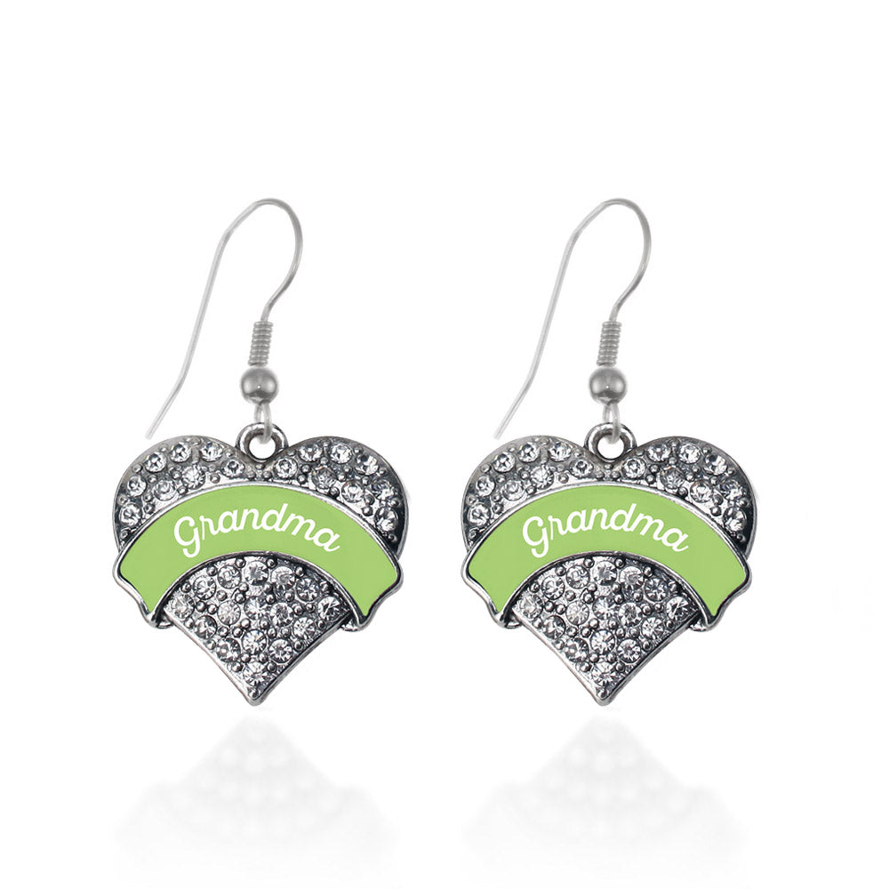 Silver Sage Green Grandma Pave Heart Charm Dangle Earrings