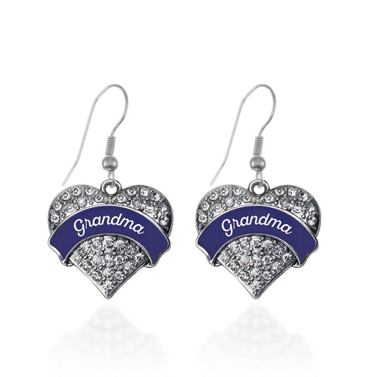 Silver Navy Blue Grandma Pave Heart Charm Dangle Earrings