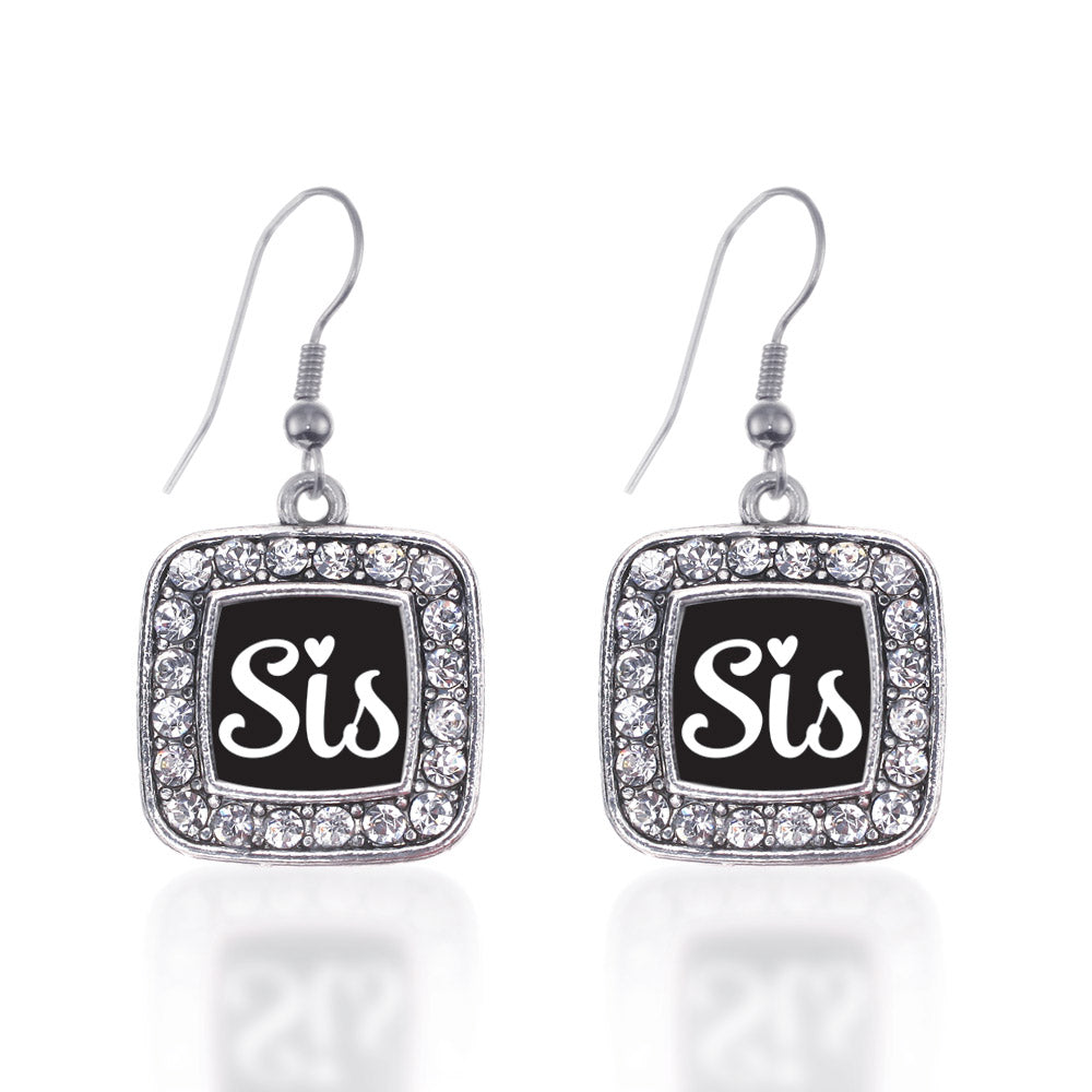 Silver Sis Square Charm Dangle Earrings