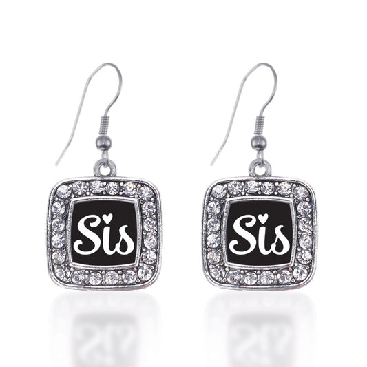 Silver Sis Square Charm Dangle Earrings